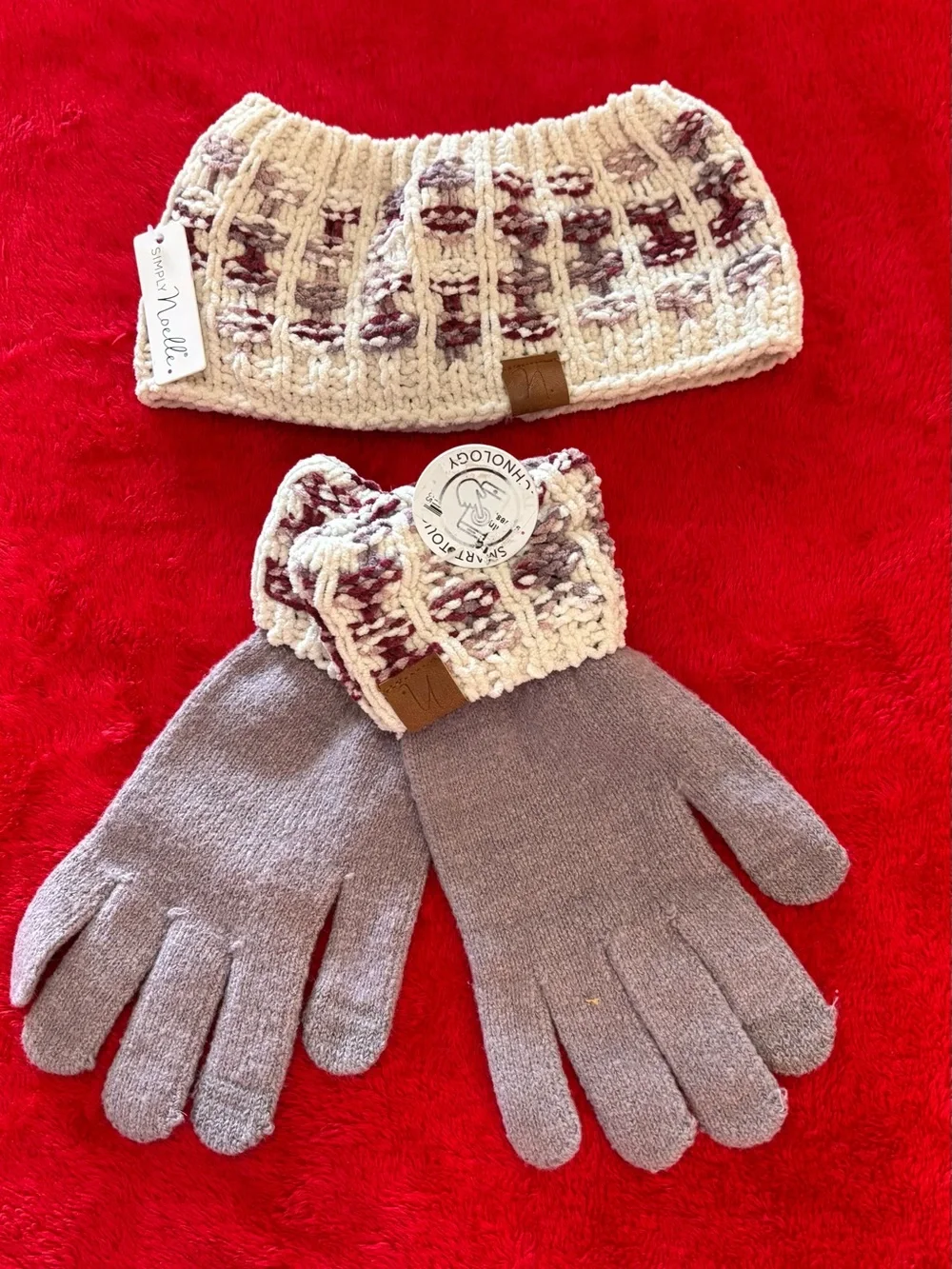 Cozy Comfort Matching Knit Headband & Gloves Set - Cream & Mauve